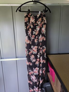 No Boundaries Black Strapless Floral Maxi Dress with Pink Blooms